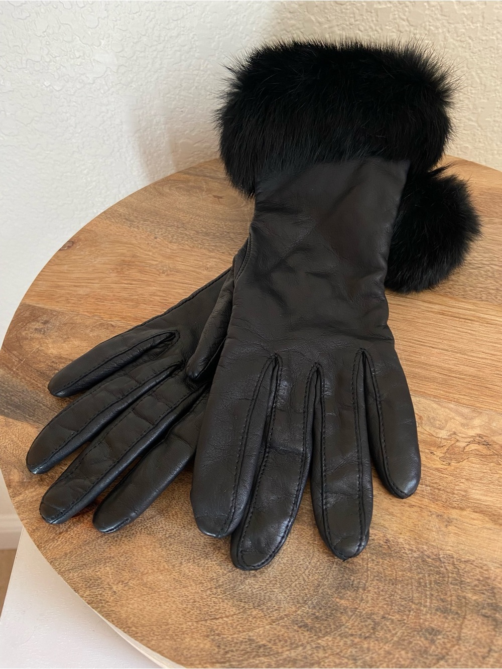 Vintage Grandoe Black Leather Plush Fur Cuffs Gloves